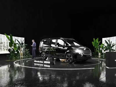 Black MPV Car Showcase On Circular Platform With Green Plants And Screens 3d model