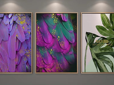 Three Framed Wall Art Paintings With Feather Leaf Patterns Purple Green Gold Nature Theme 3d model