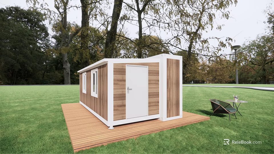 Modern Small Garden Cabin With White Door Wooden Platform And Outdoor Furniture 3d model 
