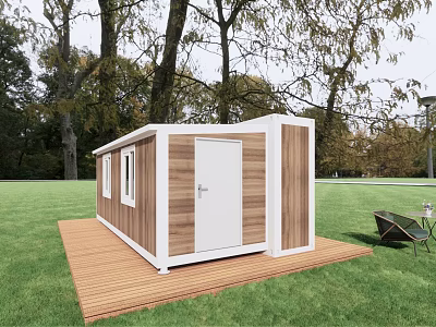 Modern Small Garden Cabin With White Door Wooden Platform And Outdoor Furniture 3d model
