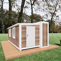 Modern Small Garden Cabin With White Door Wooden Platform And Outdoor Furniture