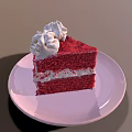 Slice of Red Velvet Cake with Cream Topping on Pink Plate