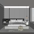 Modern Bedroom Interior With Gray Bed Frame Nightstand And Pendant Light 3d model