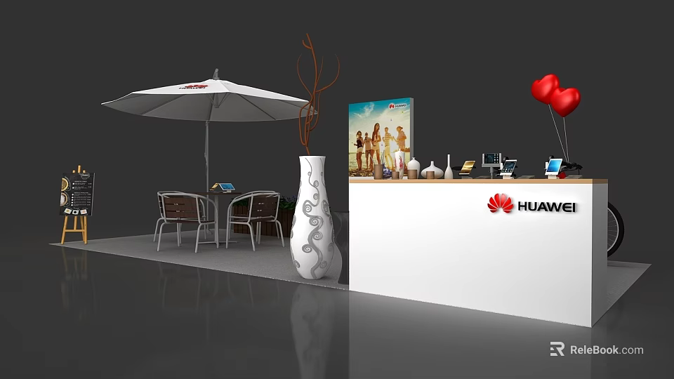 HUAWEI Brand Photo Check in Spot With White Umbrella Tables Chairs And Red Balloons 3d model 