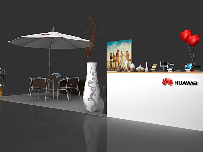 HUAWEI Brand Photo Check in Spot With White Umbrella Tables Chairs And Red Balloons 3d model