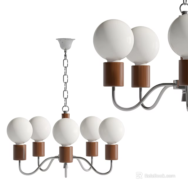 Modern Chandelier Design With White Spherical Shades Wooden Bases And Metal Chain 3d model 