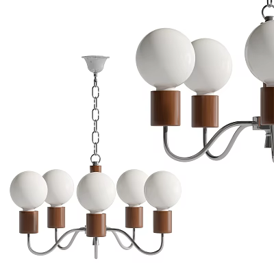 Modern Chandelier Design With White Spherical Shades Wooden Bases And Metal Chain 3d model