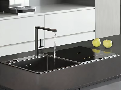 Stainless Steel Kitchen Sink With Faucet Water Flowing And Yellow Apples On Black Countertop 3d model