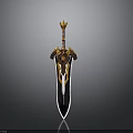 Ornate Fantasy Sword With Golden Crown Hilt And Intricate Black Blade Design