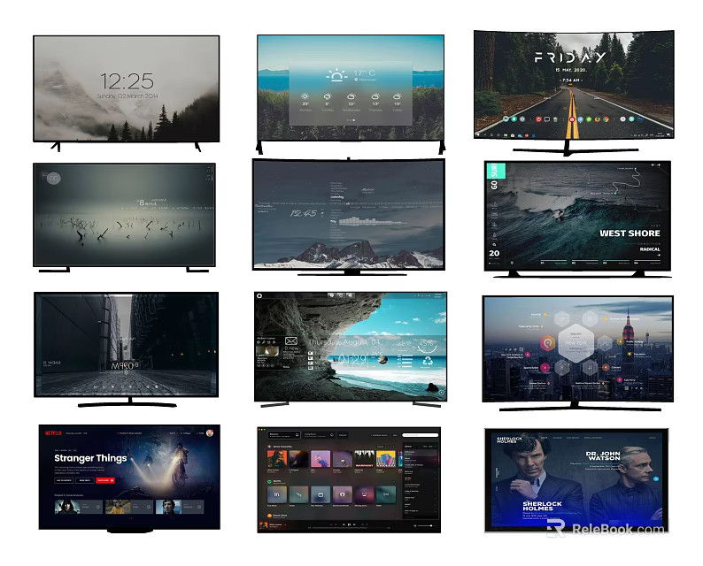 Multiple Smart TV Screens Showing Various Content Including Scenery Time And Apps 3d model