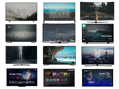 Multiple Smart TV Screens Showing Various Content Including Scenery Time And Apps 3d model