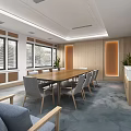Modern Conference Room Interior With Long Wooden Table Chairs Windows TV And Wooden Walls