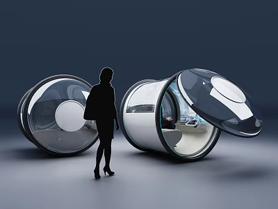 Futuristic Transparent Pods With Open Lids Woman Silhouette And Modern Interior 3d model