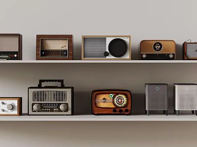 Vintage Radios and Classic Audio Equipment Displayed on Multiple Shelves Collection 3d model