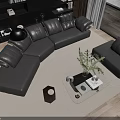 Modern Interior Black Leather L Shaped Sofa And Coffee Table Set With Vase And Plants