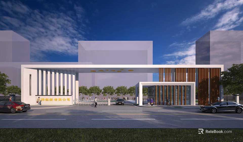 Modern Main Entrance Gate Design With White Columns Glass Structure And Wooden Accents 3d model 