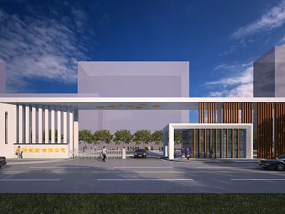 Modern Main Entrance Gate Design With White Columns Glass Structure And Wooden Accents 3d model