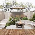 Cozy Courtyard Garden Featuring Wooden Deck Outdoor Sofa Fire Pit Umbrella And Lush Plants