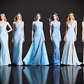 Six Women in Fashionable Light Blue Long Gowns with Various Styles