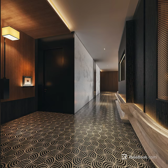 Modern Hotel Corridor Interior Design With Wavy Pattern Floor Tiles Wooden Walls And Warm Lighting 3d model 