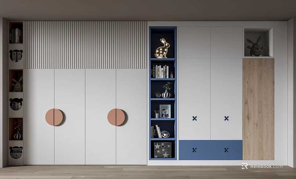 Modern Wardrobe With Blue And White Panels Open Shelves For Books And Decorations 3d model 