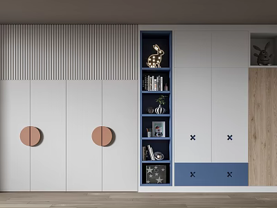 Modern Wardrobe With Blue And White Panels Open Shelves For Books And Decorations 3d model