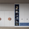 Modern Wardrobe With Blue And White Panels Open Shelves For Books And Decorations