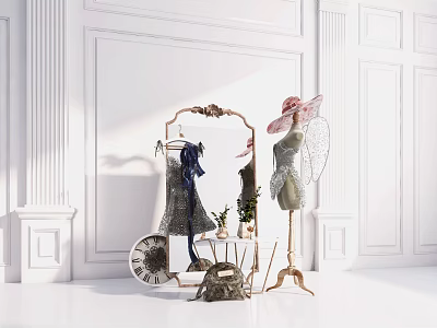 Decorative Mirror with Ornate Frame Clothes Rack Hat Mannequin Small Table Plant in White Wall 3d model