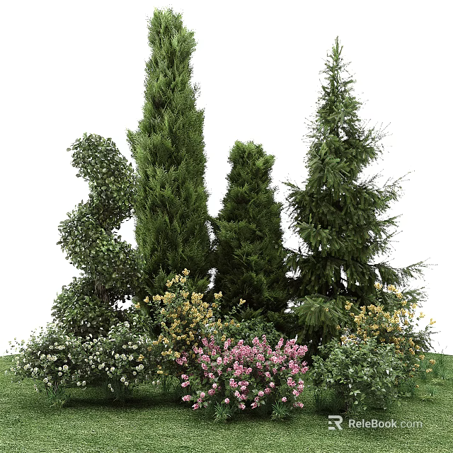 Tall Evergreen Arbor Trees in Garden with Colorful Flowers and Shrubs 3d model 