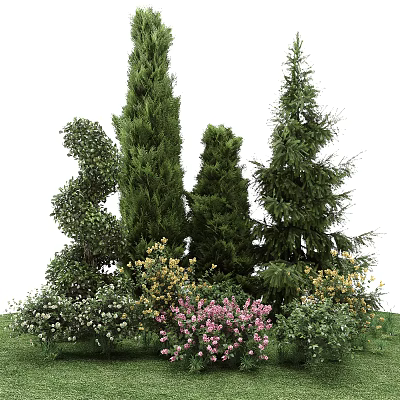 Tall Evergreen Arbor Trees in Garden with Colorful Flowers and Shrubs 3d model