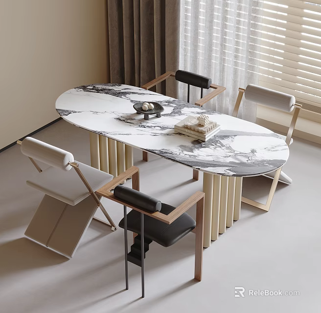 Modern Oval Marble Top Table and Chairs Set with Upholstered Backrest and Wooden Legs 3d model 