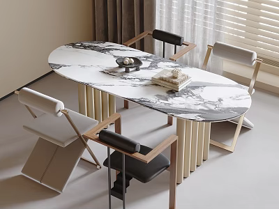 Modern Oval Marble Top Table and Chairs Set with Upholstered Backrest and Wooden Legs 3d model