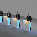 Men In Formal Suits Standing At Podiums With Colorful Maps And Blue Lights