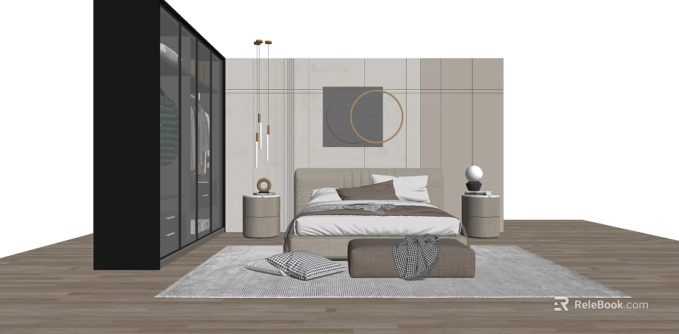 Modern Background Double Bed Interior with Circular Wall Decor and Pendant Lights 3d model