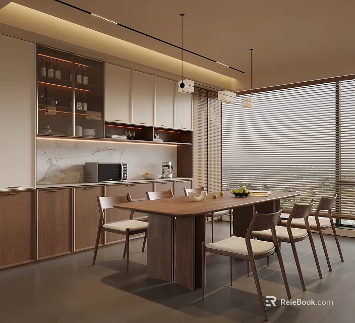 Modern Restaurant Interior With Wooden Cabinets Dining Table Chairs And Large Windows 3d model