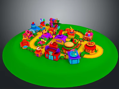 Colorful Small Buildings in Children's Playground with Yellow Paths and Green Turf Area 3d model