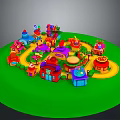 Colorful Small Buildings in Children's Playground with Yellow Paths and Green Turf Area