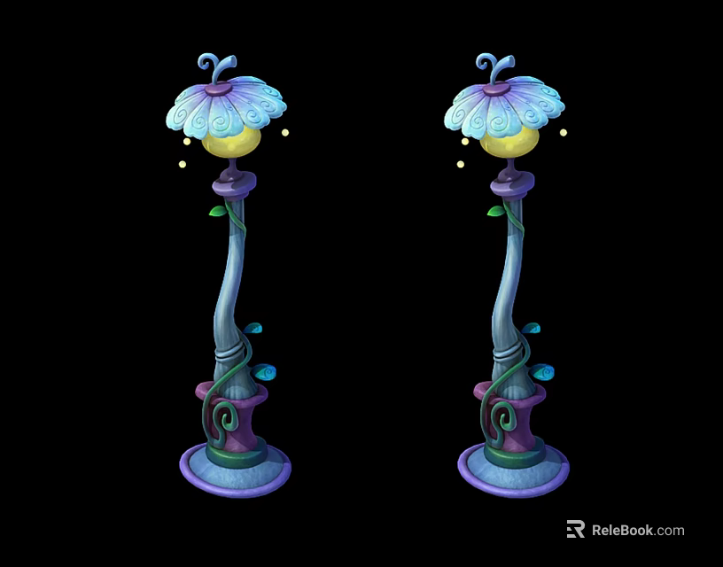 Pair of Colorful Outdoor Lights with Curved Poles and Floral Pattern Lampshades 3d model 