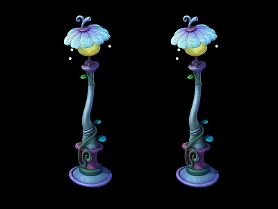 Pair of Colorful Outdoor Lights with Curved Poles and Floral Pattern Lampshades 3d model