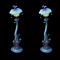 Pair of Colorful Outdoor Lights with Curved Poles and Floral Pattern Lampshades