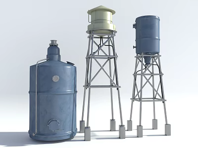 Industrial Storage Tanks Featuring Blue Design Yellow Top Tower And Metal Supports 3d model