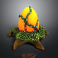 Orange Fruit Decorated With Green Vines And Blue Accents On Green Leaf Brown Stand