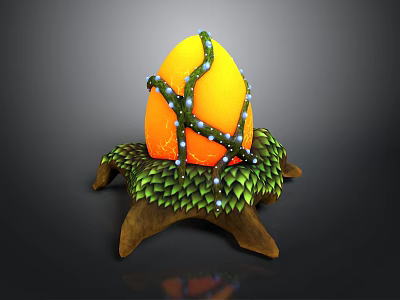 Orange Fruit Decorated With Green Vines And Blue Accents On Green Leaf Brown Stand 3d model