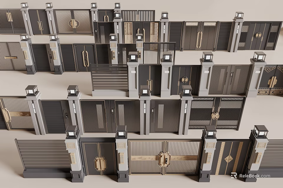 Various Metal Entrance Gates With Multiple Designs Golden Handles And Decorative Grilles 3d model 