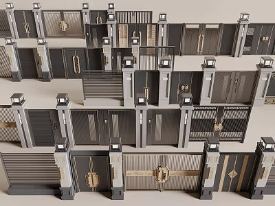 Various Metal Entrance Gates With Multiple Designs Golden Handles And Decorative Grilles 3d model