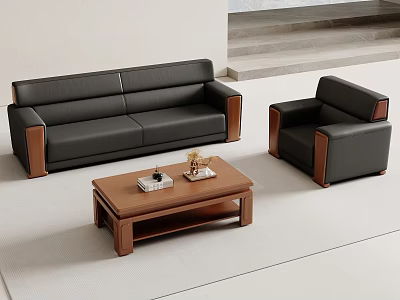 Modern Black Leather Sofa and Coffee Table Set with Wooden Armrests and Matching Chair 3d model