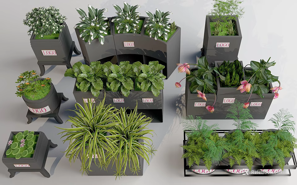 Ornamental Garden Decor Pieces With Square Curved Planters And Various Green Plants 3d model 