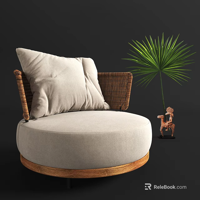 Round Wicker Outdoor Sofa with Beige Cushion and Palm Plant Accent 3d model 
