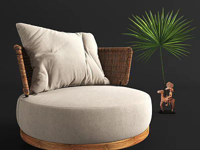 Round Wicker Outdoor Sofa with Beige Cushion and Palm Plant Accent 3d model