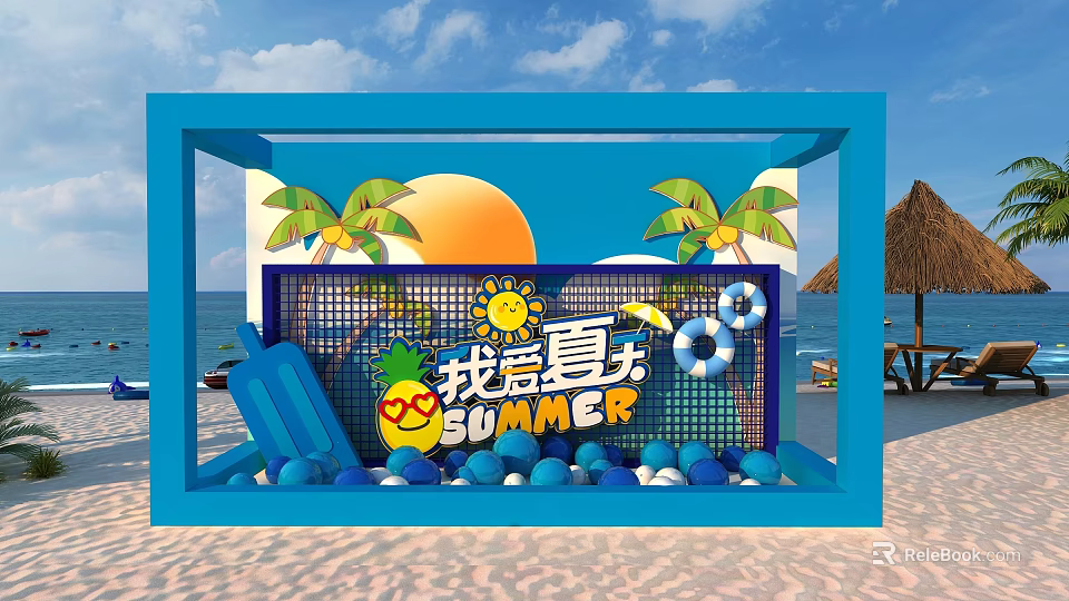 Summer Themed Interactive Zone With Beach Decor Palm Trees Sun And Lifebuoy Elements 3d model 